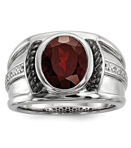 Men's Diamond and Garnet Ring by White Night, Large Oval Garnet and Diamonds set in Sterling Silver