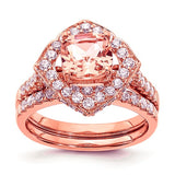 14k Rose Gold Diamond Halo, Cushion-cut Morganite Engagement Ring and Wedding Band