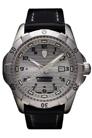 Protek PT2004 – Stainless Steel Dive Watch, 200M WR, Steel Dial with Tritium Illumination, Leather Strap
