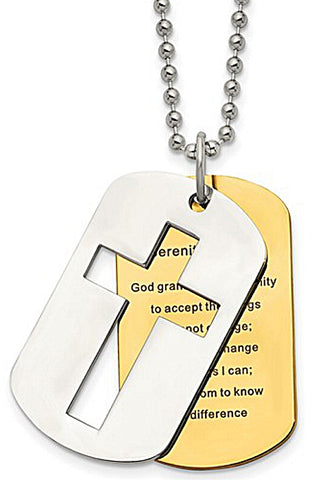 Chisel Cross Dog Tags Pendant with Serenity Prayer, Stainless Steel and Goldtone, 22" Stainless Steel Ball Chain, SRN1644