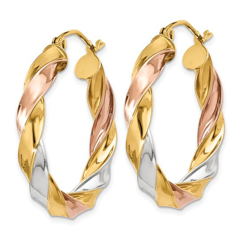 14k Tri-Color Twisted Hoop Earrings, High Polished 24.5mm Medium Size Hoops