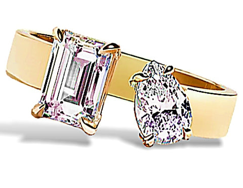Emerald Cut and Pear Cut Diamonds, Asymmetrically Set in a split 14k Gold Engagement Ring