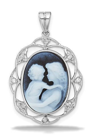 Everlasting Love Mother and Child Blue Agate Cameo, Diamond and 14k White Gold Pendant