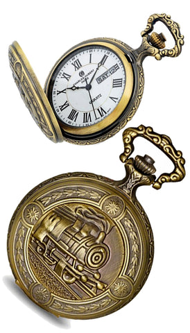 Railroad Closing Cover Pocket Watch, Antiqued Goldtone Locomotive Case, XWA6147