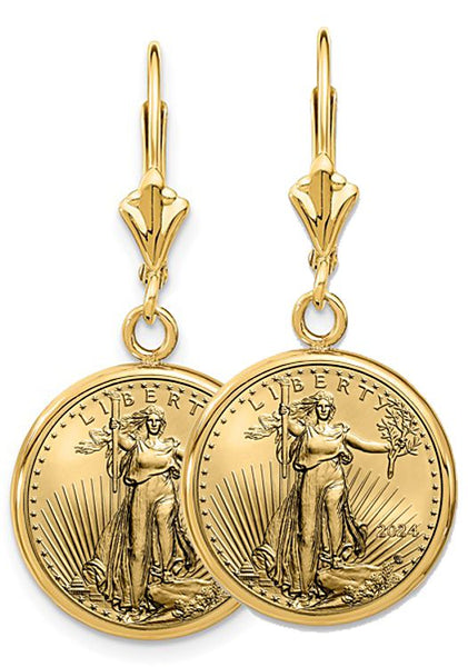 Lady Liberty Gold Coin Earrings, 14k Leverback Setting – Gem of