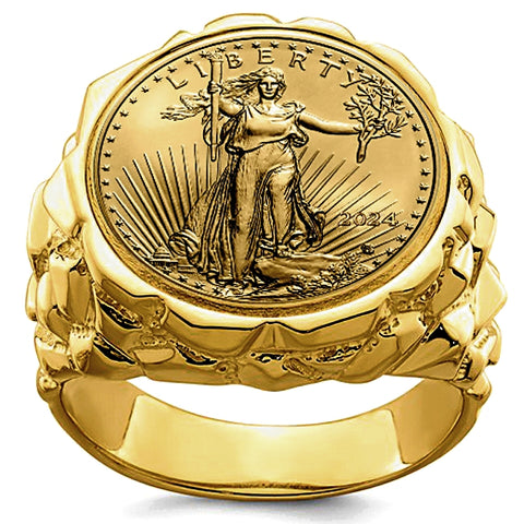 Men's Heavy 14k Gold Nugget Coin Ring, Available with either 1/10 or 1/4 ounce USA Gold Eagle Coin