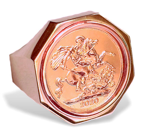 British Gold Sovereign, Rose Tint Gold Coin in Men's 14k Rose Gold Ring