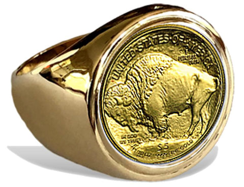 Pure Gold USA Buffalo Coin Mounted into our Classic 14k Gold Coin Ring
