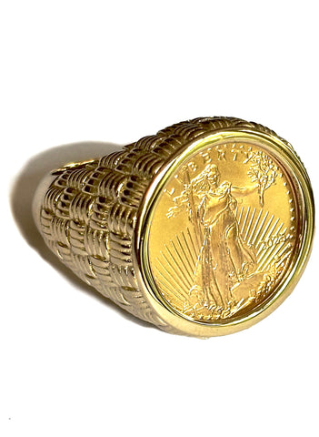 Men's 14k Gold Basket Weave Ring featuring the USA Walking Gold Eagle Coin