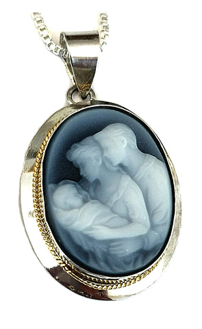 Pride & Joy, Mother, Father and Child Blue Agate Cameo, Sterling Silver Pendant
