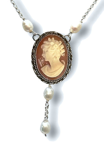 Hand Carved Cameo Necklace Accented by Freshwater Pearls