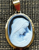 DiVinci's Mother and Infant Cameo Pendant, Larger 25mm by 18mm Blue Agate Cameo 14k Gold Pendant