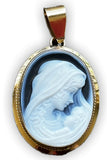 DiVinci's Mother and Infant Cameo Pendant, Larger 25mm by 18mm Blue Agate Cameo 14k Gold Pendant