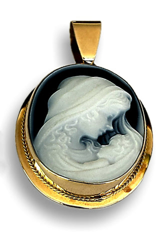 DiVinci's Mother and Infant Cameo Pendant, Larger 25mm by 18mm Blue Agate Cameo 14k Gold Pendant