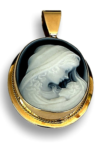 DiVinci's Mother and Infant Cameo Pendant, Larger 25mm by 18mm Blue Agate Cameo 14k Gold Pendant