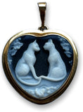 Twin Siamese Cats Blue Agate Cameo Pendant, 14k Gold Frame