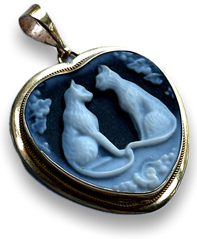 Twin Siamese Cats Blue Agate Cameo Pendant, 14k Gold Frame