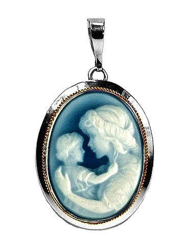DiVinci's Mother and Child Small Blue Agate Cameo Pendant in a Sterling Silver Frame