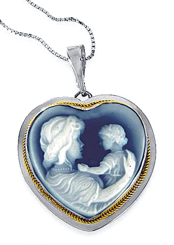 DiVinci's Mother and Child Heart Shaped Blue Agate Cameo Pendant