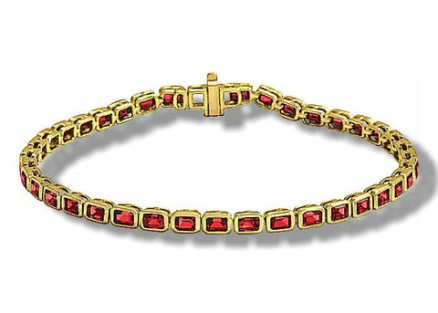 Ruby Bracelet, 38 Emerald Cut Rubies bezel set into 14k Yellow Gold