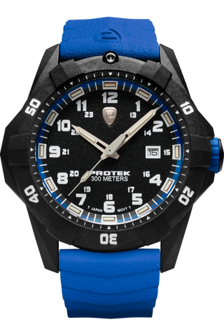 Protek PT1003B – Military Dive Watch, 300M WR, Black & Blue with Tritium Illumination, Blue Rubber Strap