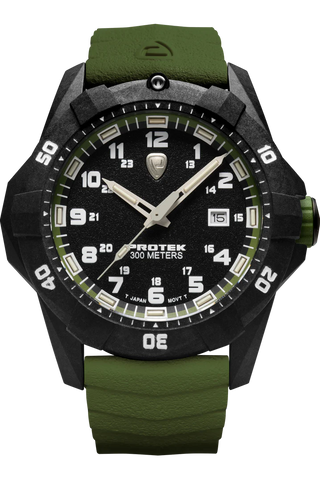Protek PT1005G – Military Dive Watch, 300M WR, Black & Green with Tritium Illumination, Green Rubber Strap