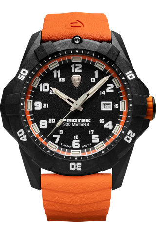 Protek PT1004O – Military Dive Watch, 300M WR, Black & Orange with Tritium Illumination, Orange Rubber Strap