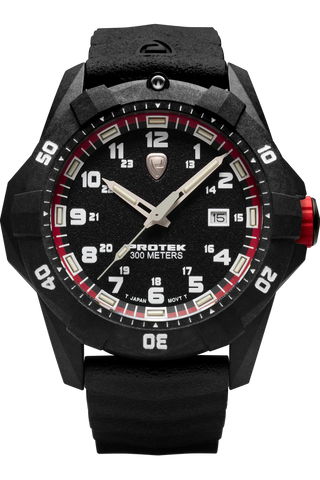 Protek PT1002 – Military Dive Watch, 300M WR, Black & Red with Tritium Illumination, Rubber Strap