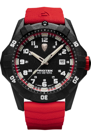 Protek PT1002R – Military Dive Watch, 300M WR, Black & Red with Tritium Illumination, Red Rubber Strap