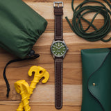 Protek PT3005 – Titanium Field Watch, 100M WR, Green Dial with Tritium T100 Illumination, Leather Strap