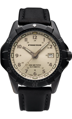 Protek PT2217 – Automatic Black Stainless Steel Military Dive Watch, 200M WR, Beige Dial with Tritium Illumination, Leather Strap