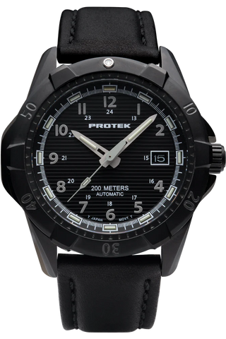 Protek PT2202 – Automatic Black Stainless Steel Military Dive Watch, 200M WR, Black Dial with Tritium Illumination, Leather Strap