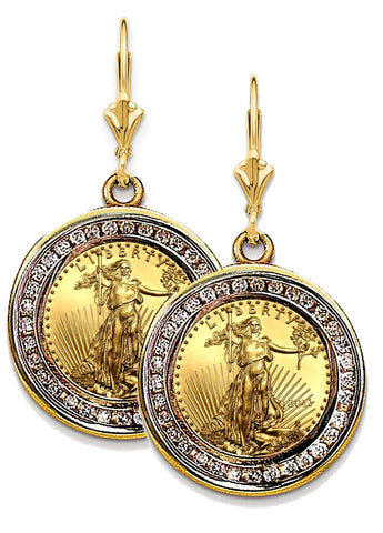 Lady Liberty Gold Coin Earrings with 1 carat of Diamonds t.w. 14k Leverback Setting