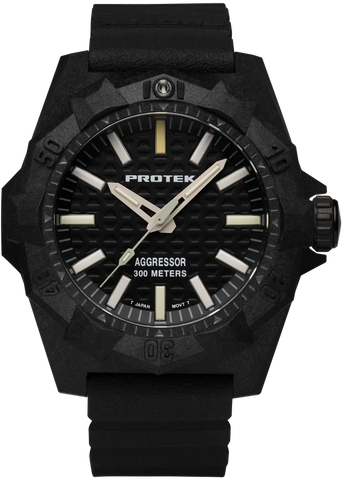 [NEW!] Protek PT4001 – Aggressor Dive Watch, 300M WR, Black Dial with Tritium Illumination, Black Rubber Strap