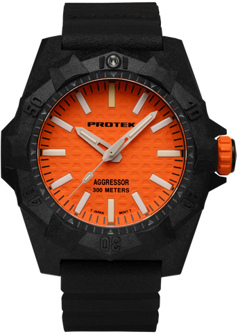 [NEW!] Protek PT4004 – Aggressor Dive Watch, 300M WR, Orange Dial with Tritium Illumination, Black Rubber Strap
