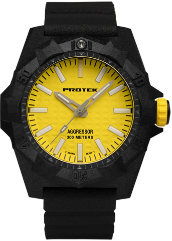 [NEW!] Protek PT4007 – Aggressor Dive Watch, 300M WR, Yellow Dial with Tritium Illumination, Black Rubber Strap