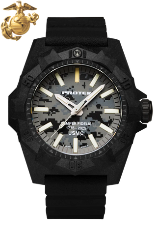 NEW! Protek PT4109SFC USMC – Aggressor Dive Watch, 300M WR, Desert Camo Dial with Tritium Illumination, Black Rubber Strap