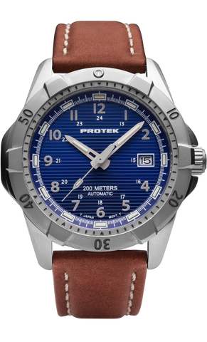 Protek PT2203 – Automatic Stainless Steel Military Dive Watch, 200M WR, Blue Dial with Tritium Illumination, Leather Strap