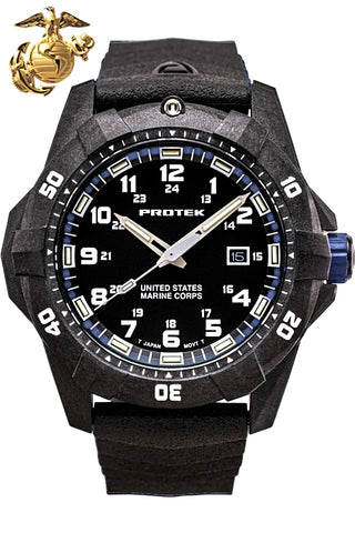 Protek Official United States Marine Corps Watch, 300 meters WR, Tritium, Blue Accents, Black Rubber Strap, 1013