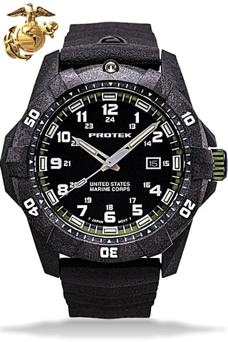 Protek Official United States Marine Corps Watch, 300 meters WR, Tritium, Green Accents, Black Rubber Strap, 1015