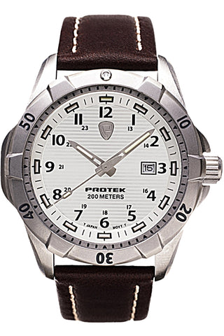Protek PT2005 – Stainless Steel Dive Watch, 200M WR, White Dial with Tritium Illumination, Brown Leather Strap