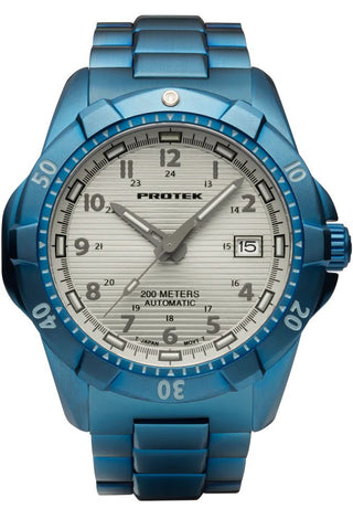 Protek PT2213BR – Automatic Light Blue Stainless Steel Military Dive Watch, 200M WR, Light Gray Dial with Tritium Illumination, Light Blue Stainless Steel Bracelet