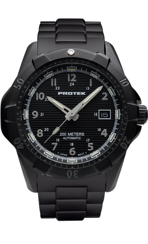 Protek PT2202BR – Automatic Black Stainless Steel Military Dive Watch, 200M WR, Black Dial with Tritium Illumination, Stainless Steel Bracelet