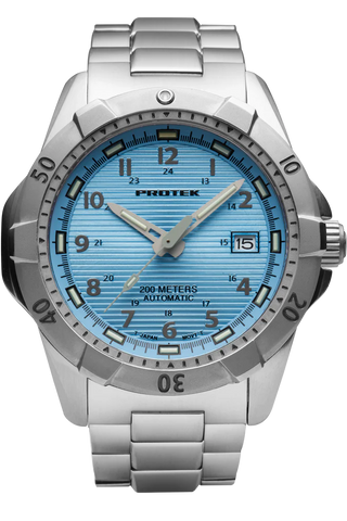 Protek PT2207BR – Automatic Stainless Steel Military Dive Watch, 200M WR, Light Blue Dial with Tritium Illumination, Stainless Steel Bracelet
