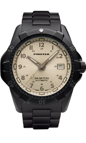 Protek PT2217BR – Automatic Black Stainless Steel Military Dive Watch, 200M WR, Beige Dial with Tritium Illumination, Black Stainless Steel Bracelet