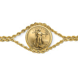 Coin Bracelet - 14k Solid Gold Double Rope Chain Bracelet with 1/10th ounce Walking Liberty Coin