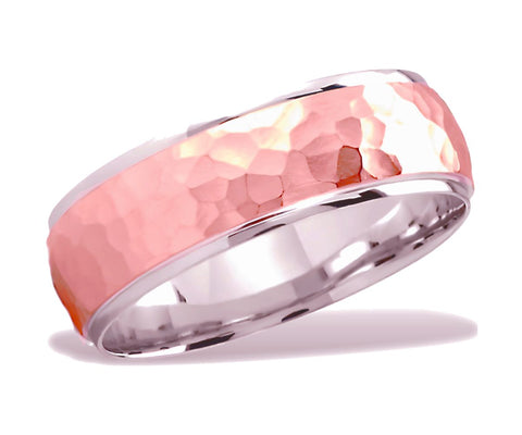 Rose 14k Gold over White 14k Gold, Hammered Finish Two Tone Wedding Band