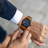 ArmourLite AL124 - Black Steel Tritium Field Watch, Shatterproof Armourglass, 100M WR, Black Dial, Tan Leather Strap