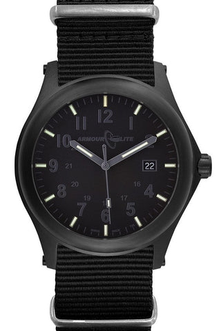 ArmourLite AL145 - Black Steel Tritium Field Watch, Shatterproof Armourglass, 100M WR, Black Dial, Black Nylon Strap