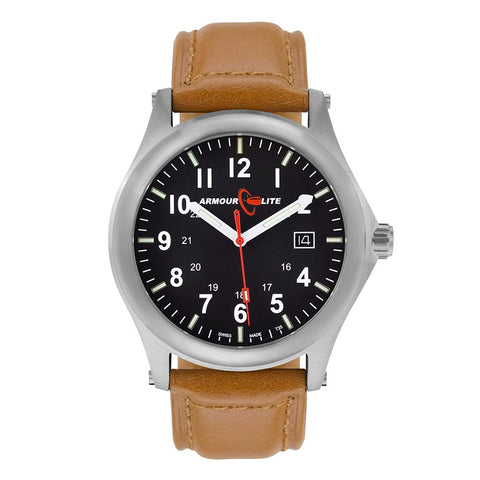 ArmourLite AL121 - Stainless Steel Tritium Field Watch, Shatterproof Armourglass, 100M WR, Black Dial, Tan Leather Strap